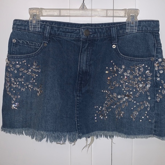 Free People Rhinestone Denim Mini Skirt sz 4 - Picture 1 of 4
